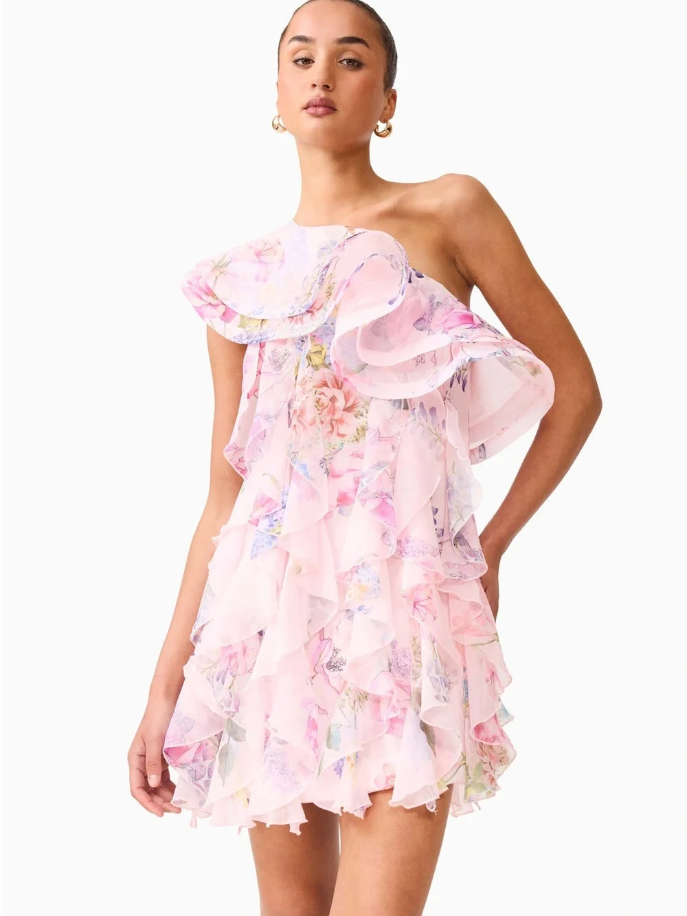 ELLIATT Millie One Shoulder Mini Dress Pink Floral Size XS preloved Flaw - Picture 3 of 10